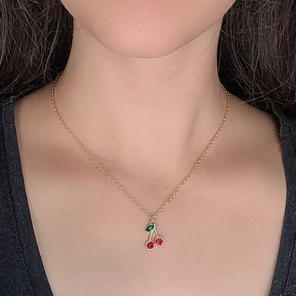 Red Cherry Necklace with Rhinestones Dainty Gold Chain Choker Y2K Jewelry - Picture 3 of 10
